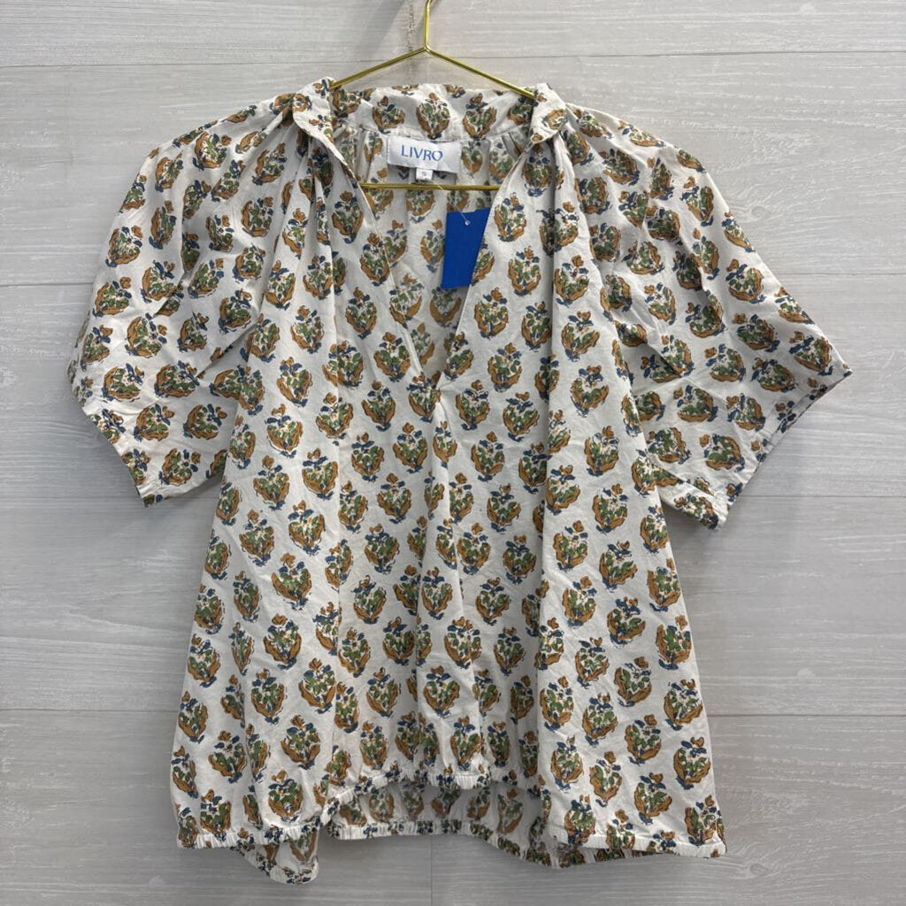 Livro White/ Multi Print Short Puff Sleeve Top Small