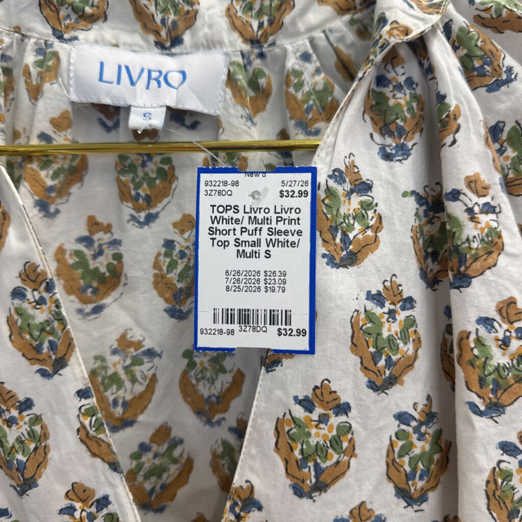 Livro White/ Multi Print Short Puff Sleeve Top Small