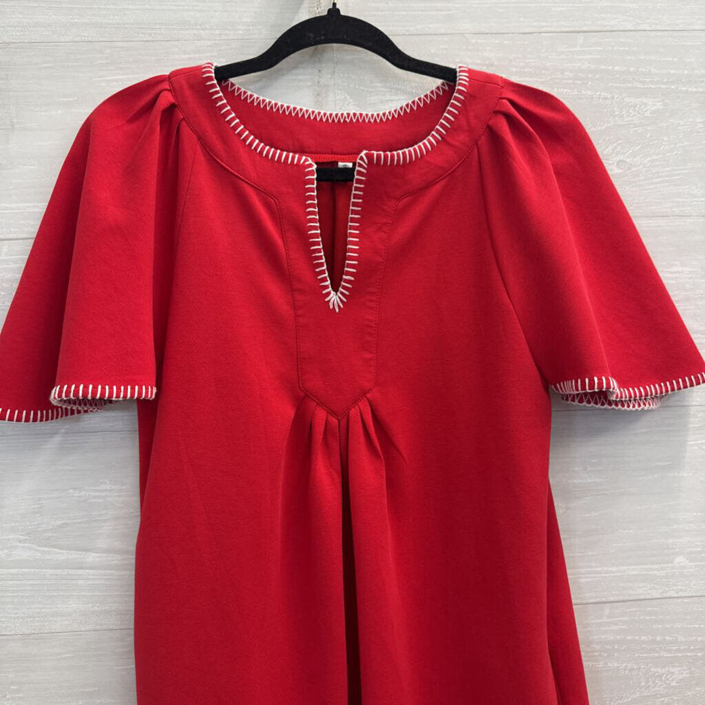 Red/ White Embroidered Trim Short Sleeve Dress Small