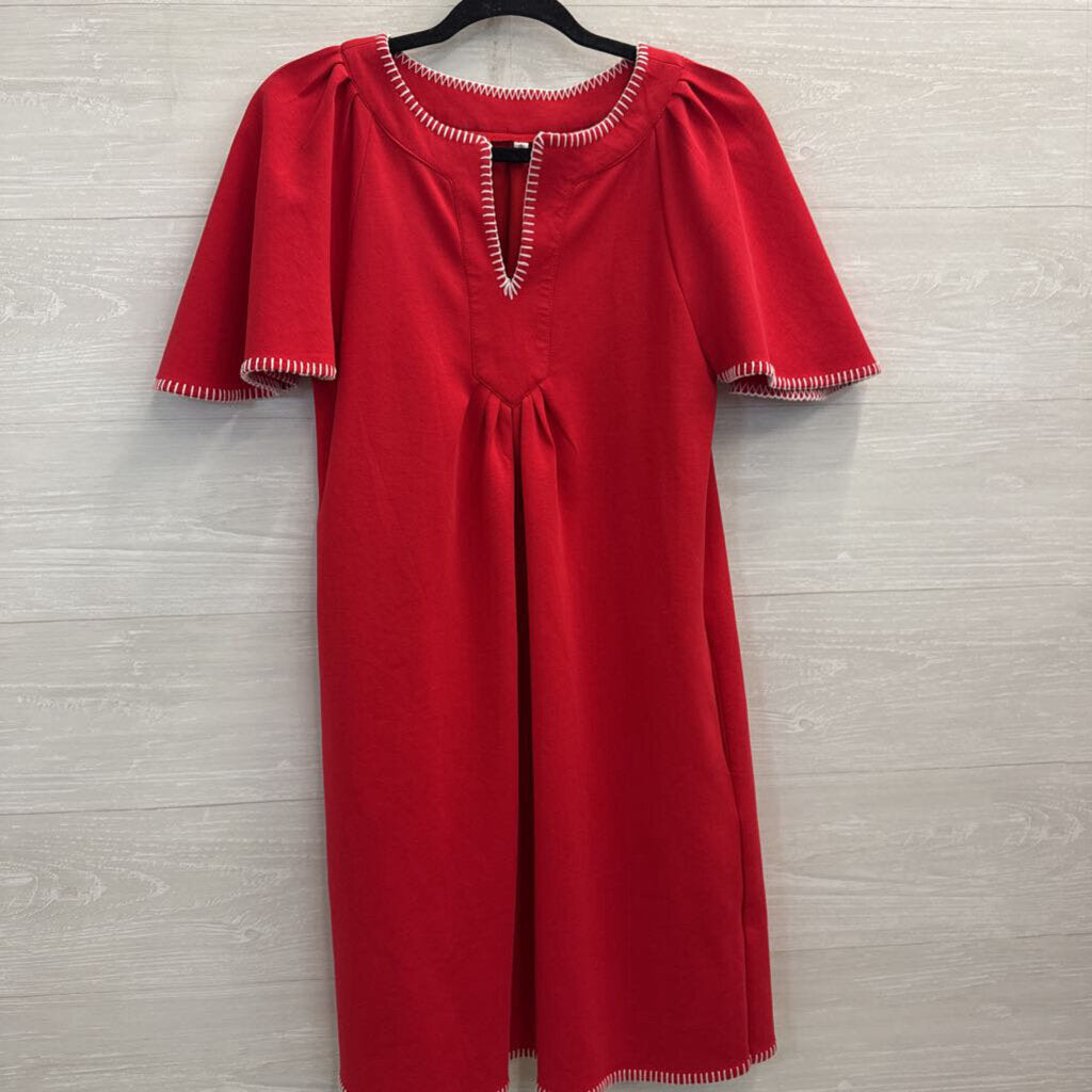 Red/ White Embroidered Trim Short Sleeve Dress Small