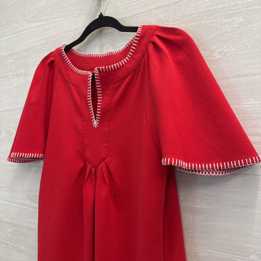 Red/ White Embroidered Trim Short Sleeve Dress Small