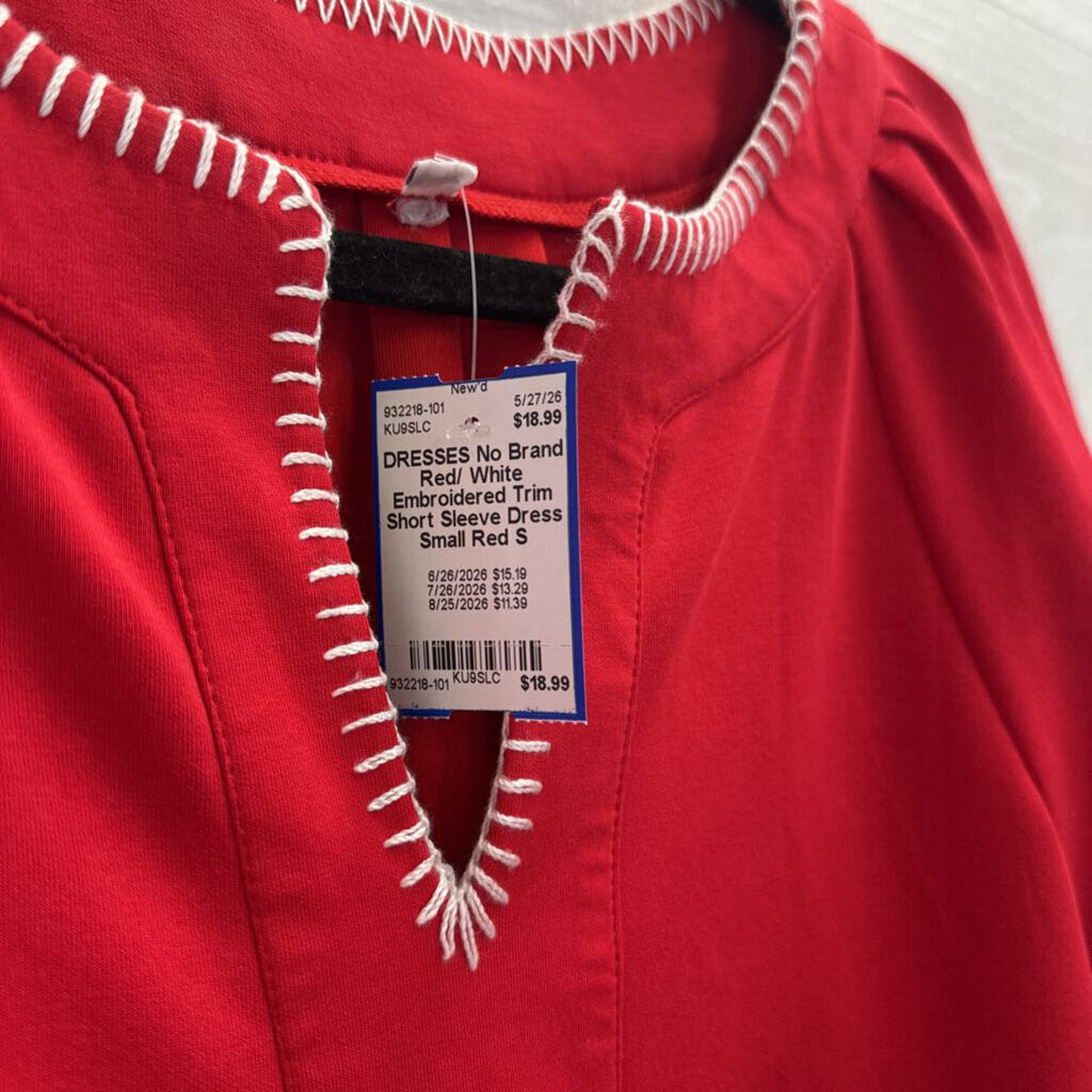 Red/ White Embroidered Trim Short Sleeve Dress Small