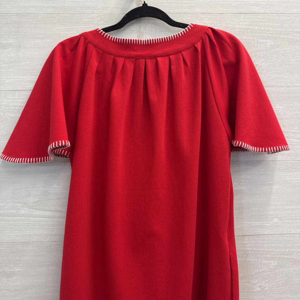 Red/ White Embroidered Trim Short Sleeve Dress Small