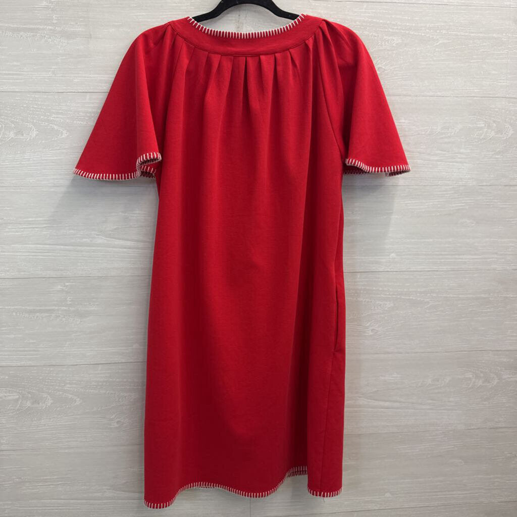Red/ White Embroidered Trim Short Sleeve Dress Small