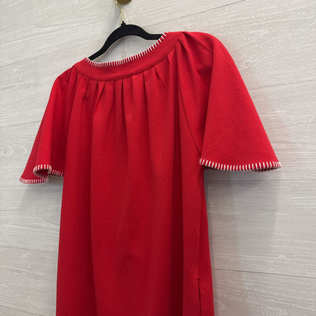 Red/ White Embroidered Trim Short Sleeve Dress Small
