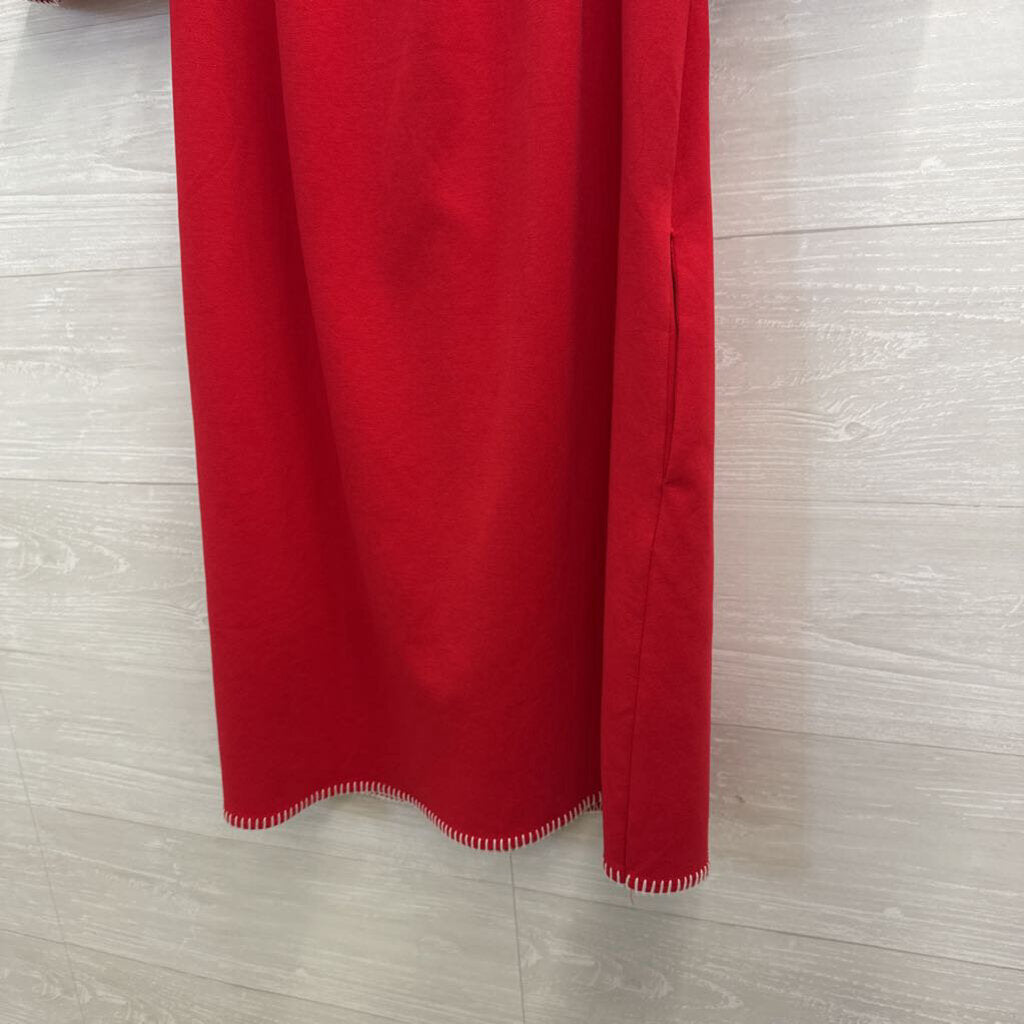 Red/ White Embroidered Trim Short Sleeve Dress Small