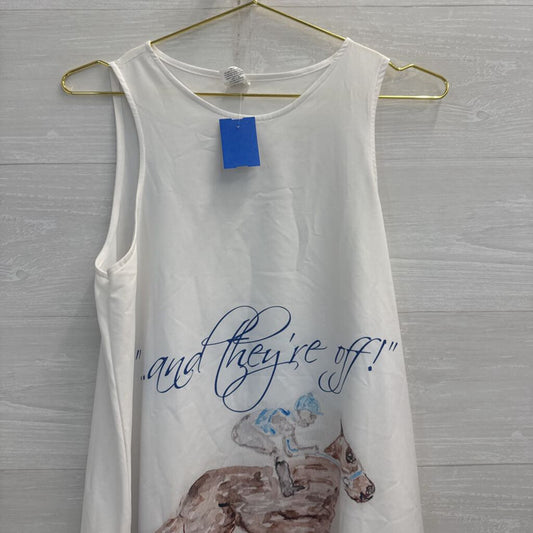 White/ Multi Horse Race Print Sleeveless Shift Dress Small