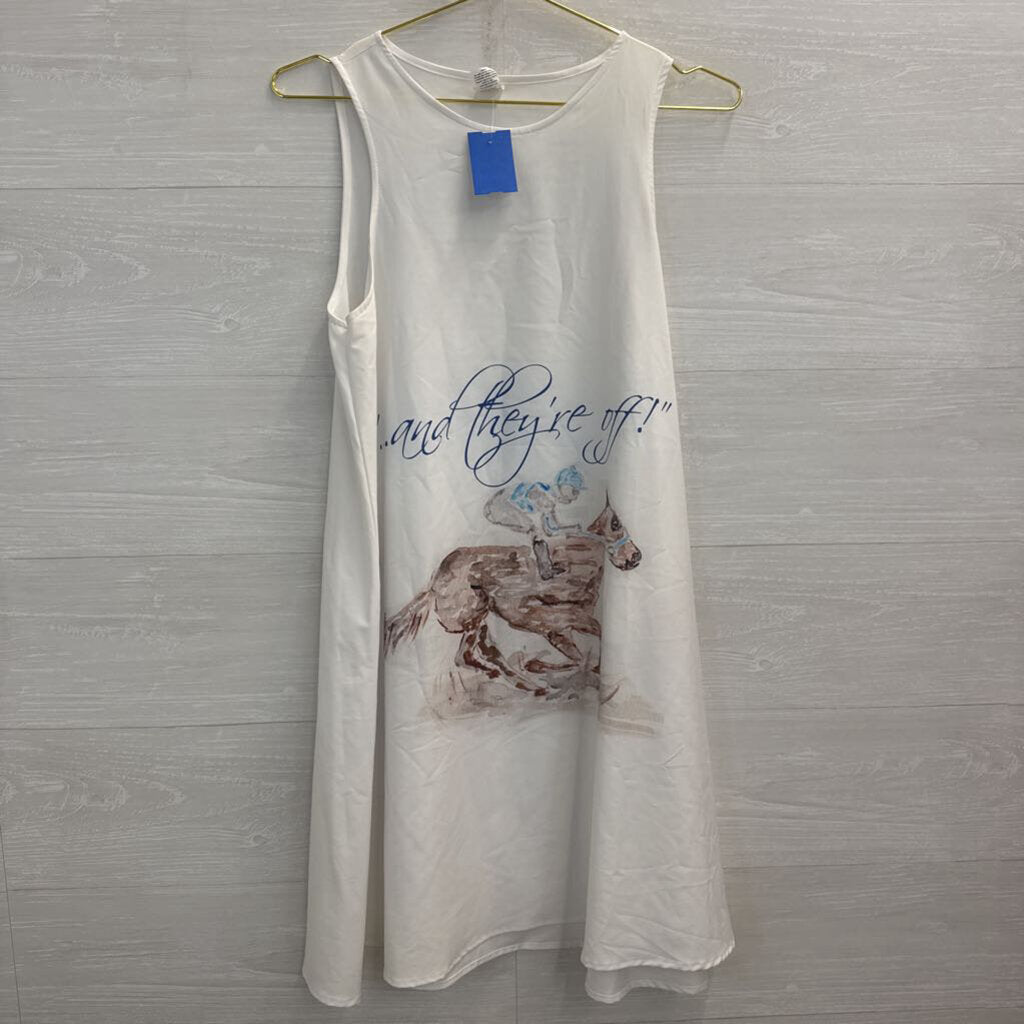 White/ Multi Horse Race Print Sleeveless Shift Dress Small