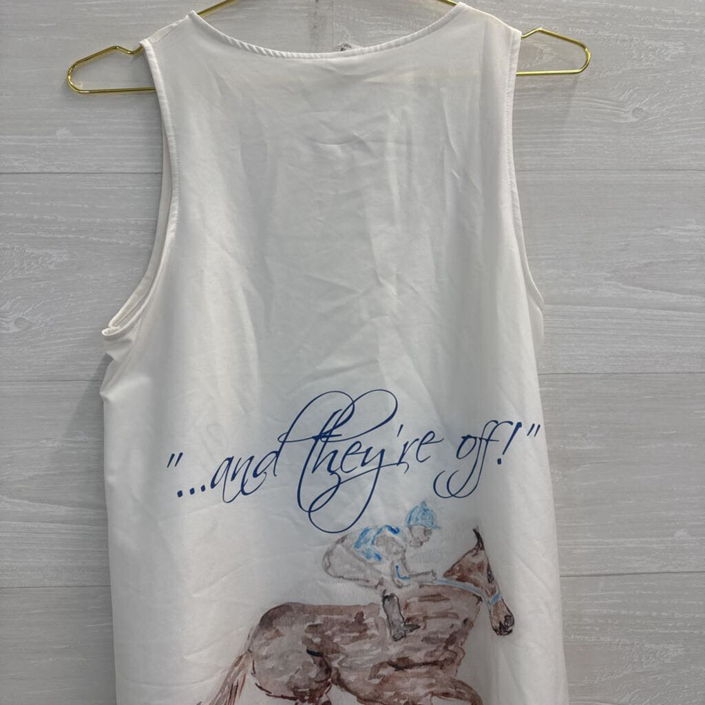 White/ Multi Horse Race Print Sleeveless Shift Dress Small