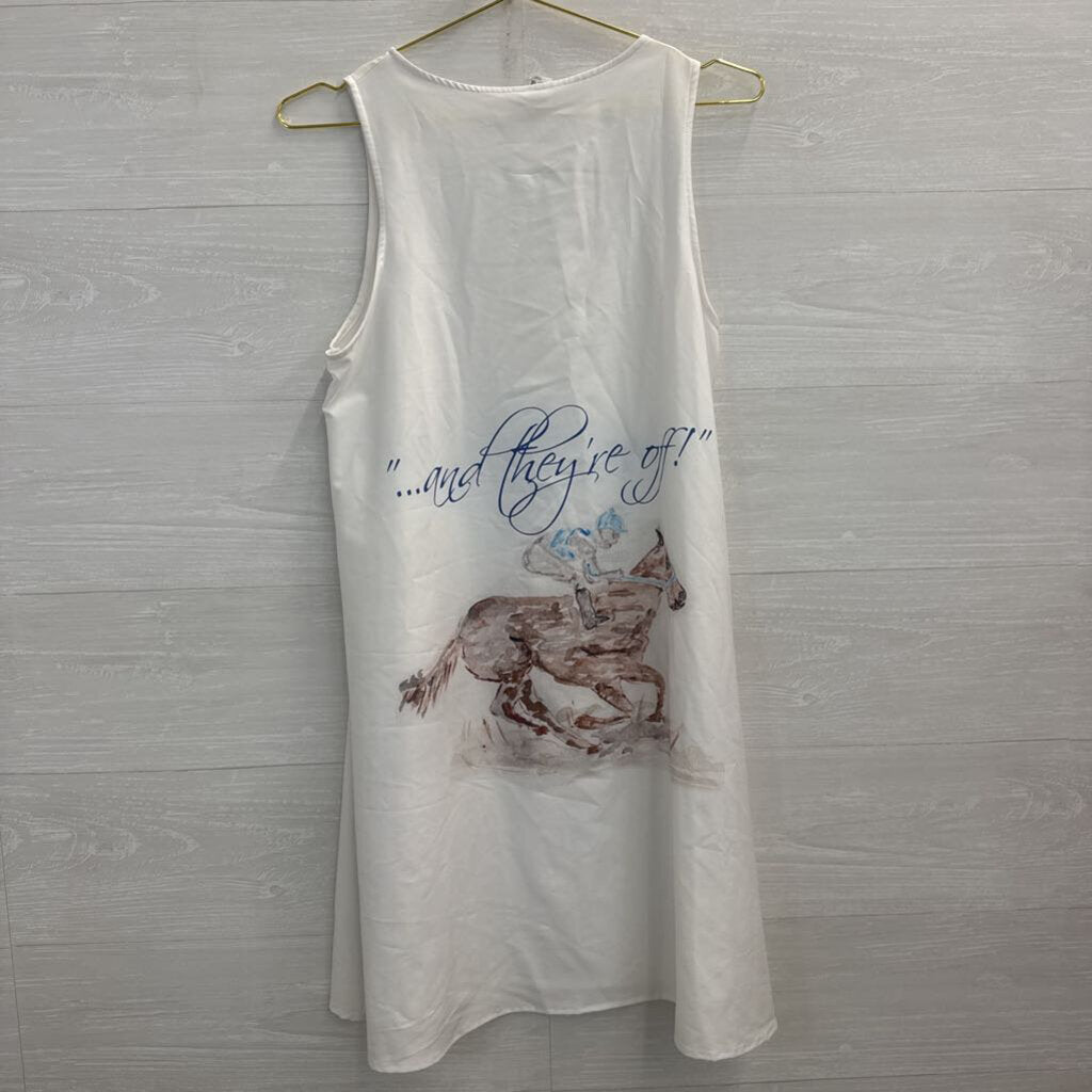 White/ Multi Horse Race Print Sleeveless Shift Dress Small
