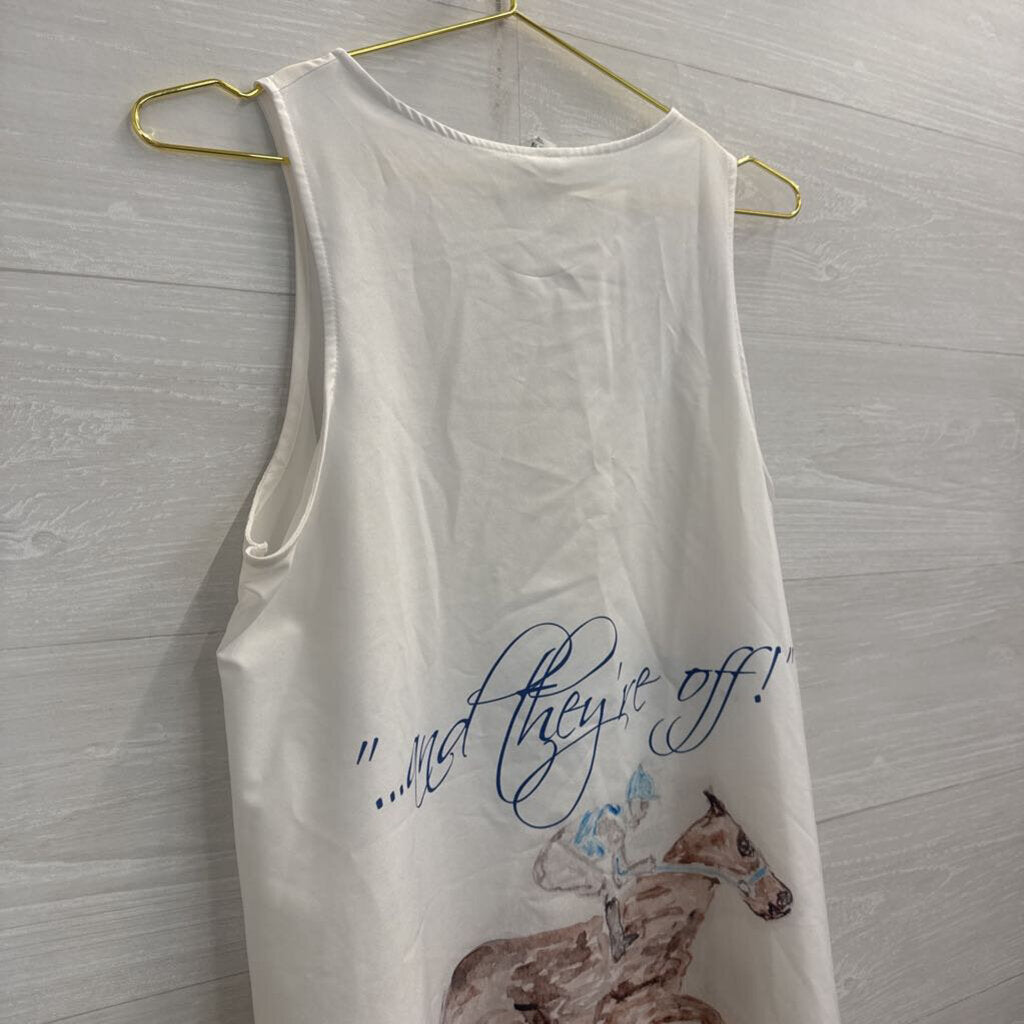 White/ Multi Horse Race Print Sleeveless Shift Dress Small