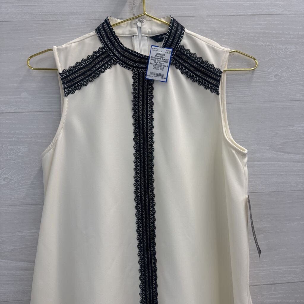 Sharagano Cream/ Black Lace Detail High Neck Sleeveless Dress 4