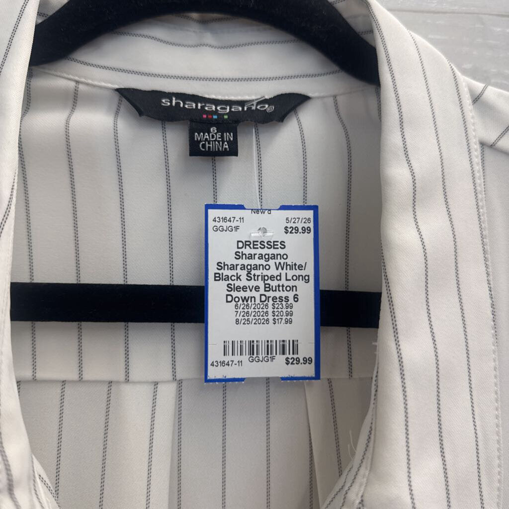Sharagano White/ Black Striped Long Sleeve Button Down Dress 6