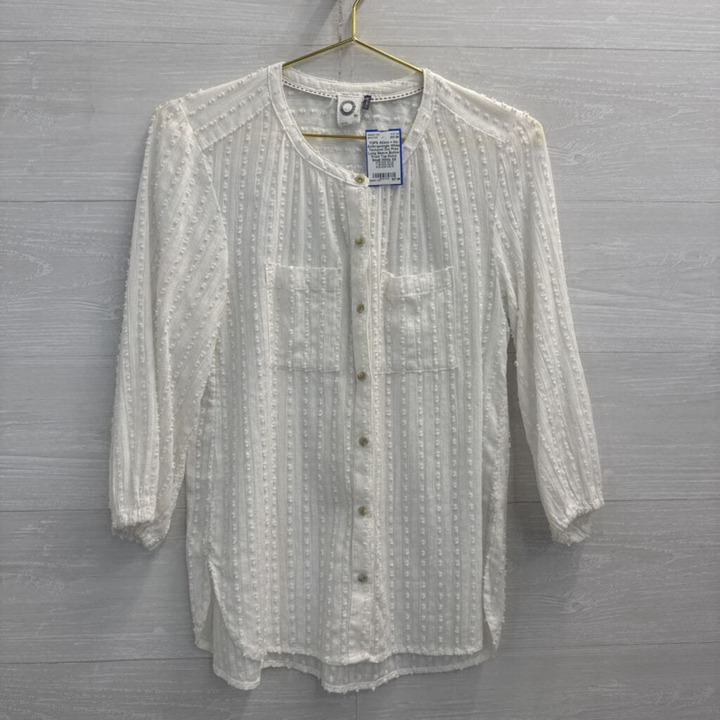 Anthropologie White Textured Dot Print Long Sleeve Button Front Top Extra Small