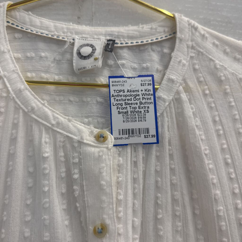 Anthropologie White Textured Dot Print Long Sleeve Button Front Top Extra Small