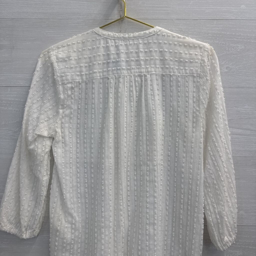 Anthropologie White Textured Dot Print Long Sleeve Button Front Top Extra Small