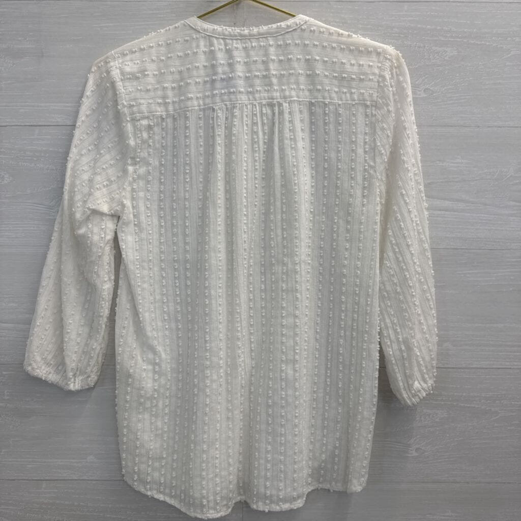 Anthropologie White Textured Dot Print Long Sleeve Button Front Top Extra Small