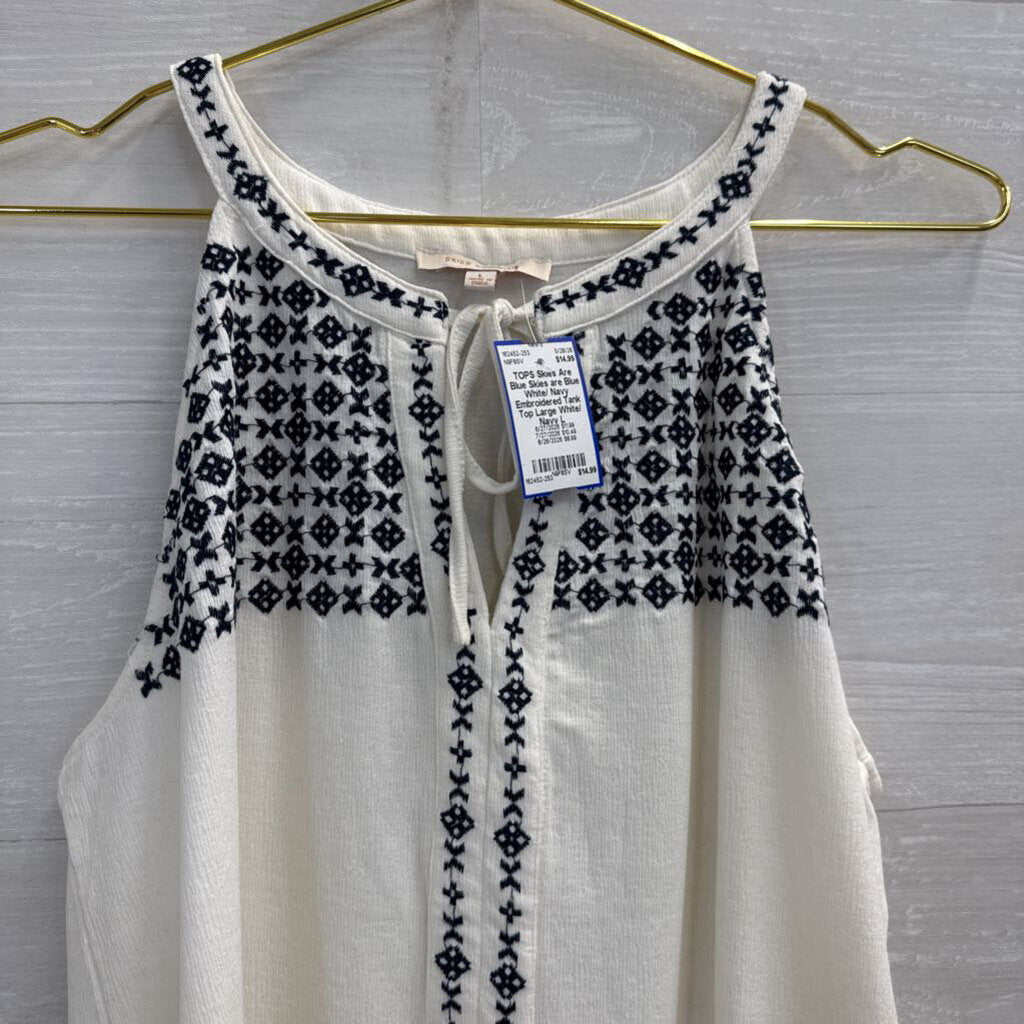 Skies are Blue White/ Navy Embroidered Tank Top Large