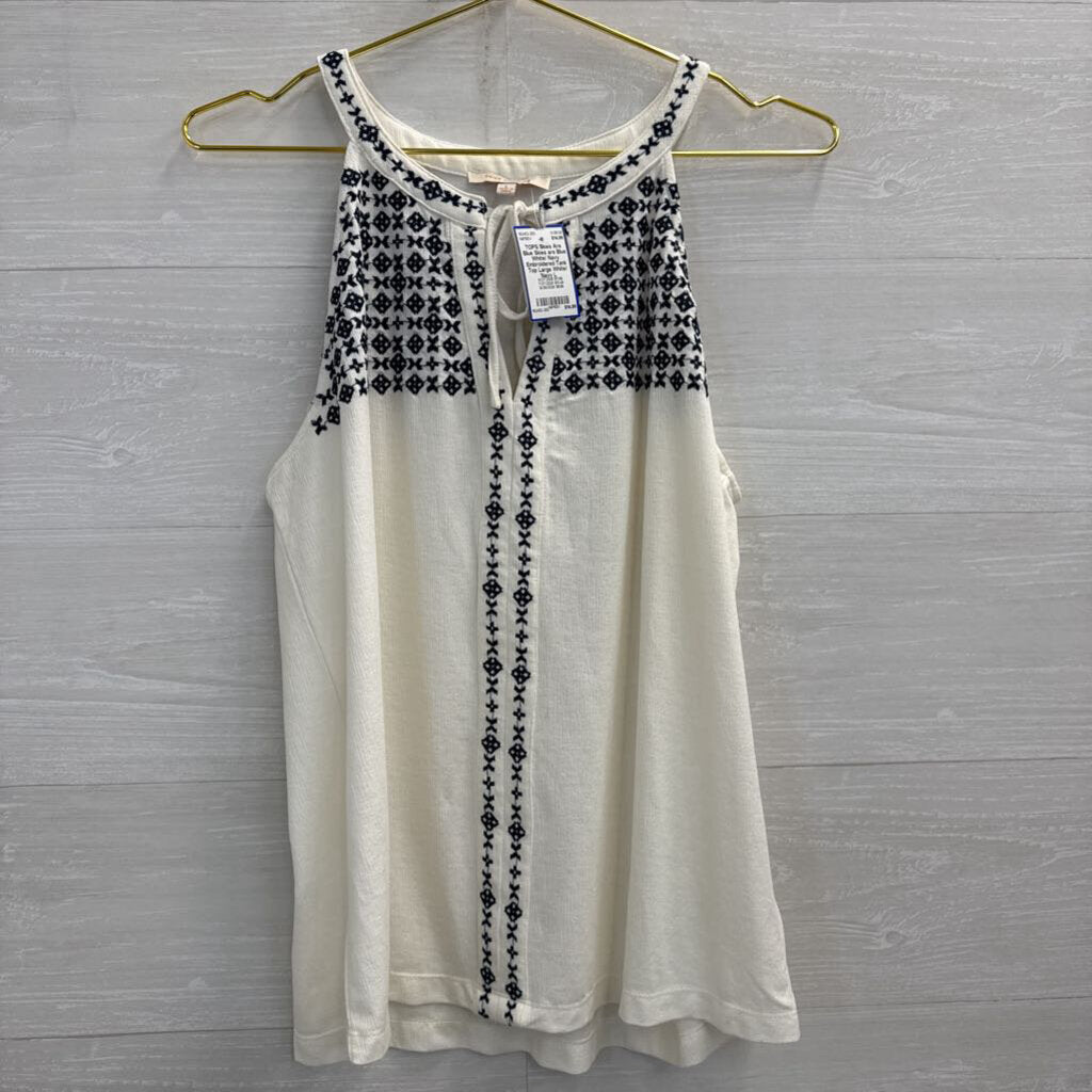 Skies are Blue White/ Navy Embroidered Tank Top Large