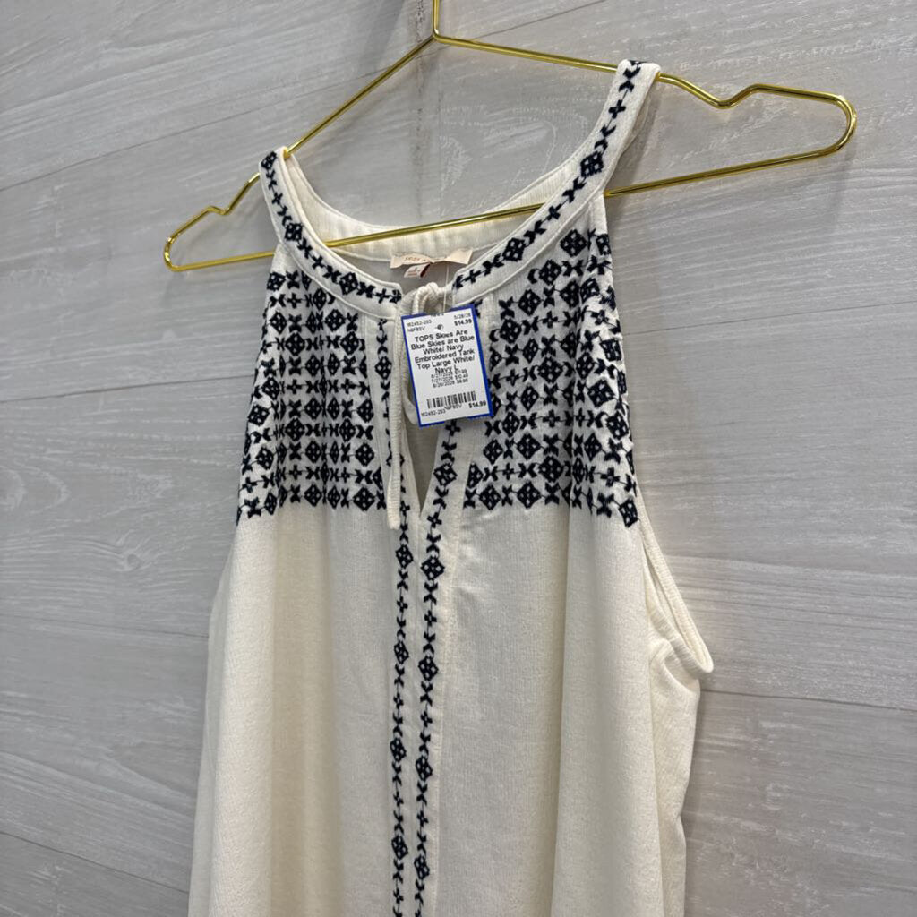 Skies are Blue White/ Navy Embroidered Tank Top Large