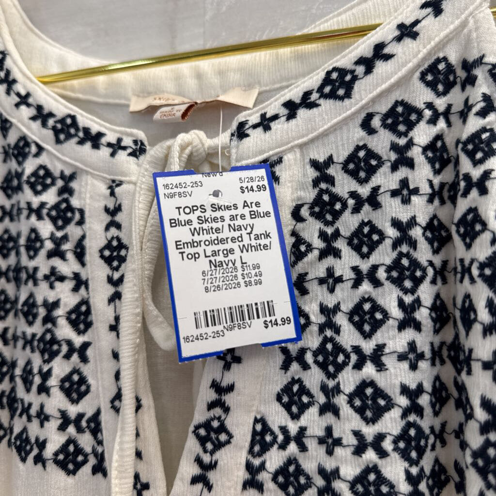 Skies are Blue White/ Navy Embroidered Tank Top Large