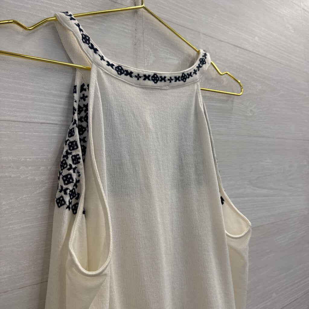 Skies are Blue White/ Navy Embroidered Tank Top Large
