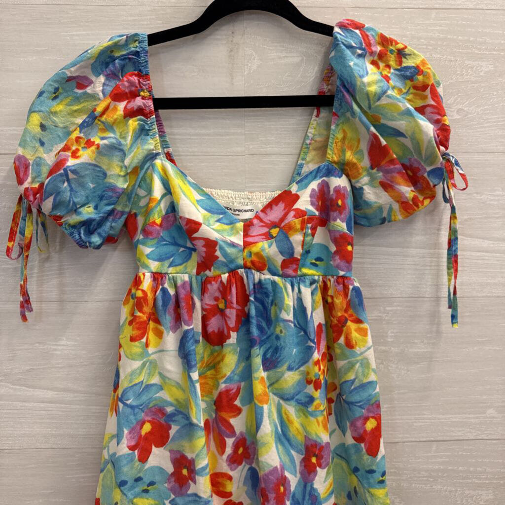 Amanda Uprichard White/ Multi Floral Print Short Puff Sleeve Babydoll Dress Extra Small