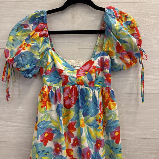 Amanda Uprichard White/ Multi Floral Print Short Puff Sleeve Babydoll Dress Extra Small
