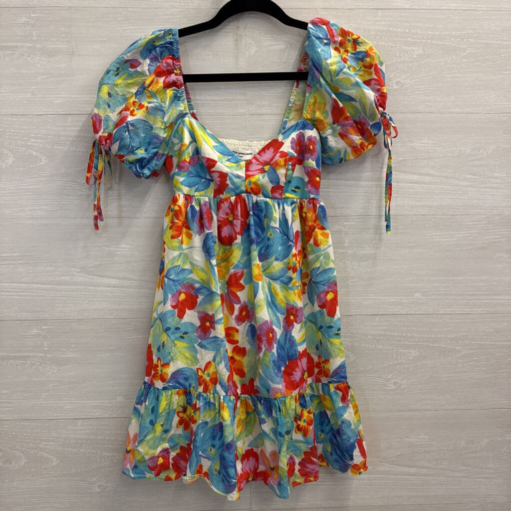 Amanda Uprichard White/ Multi Floral Print Short Puff Sleeve Babydoll Dress Extra Small