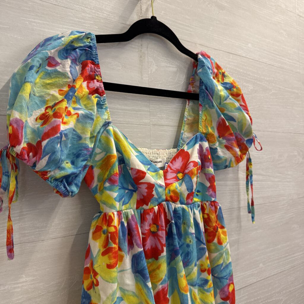 Amanda Uprichard White/ Multi Floral Print Short Puff Sleeve Babydoll Dress Extra Small