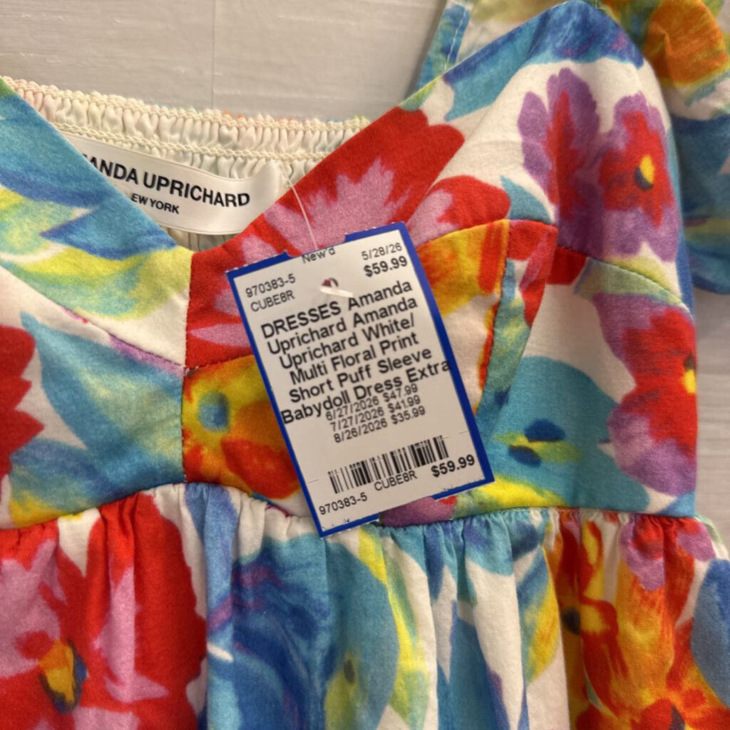 Amanda Uprichard White/ Multi Floral Print Short Puff Sleeve Babydoll Dress Extra Small