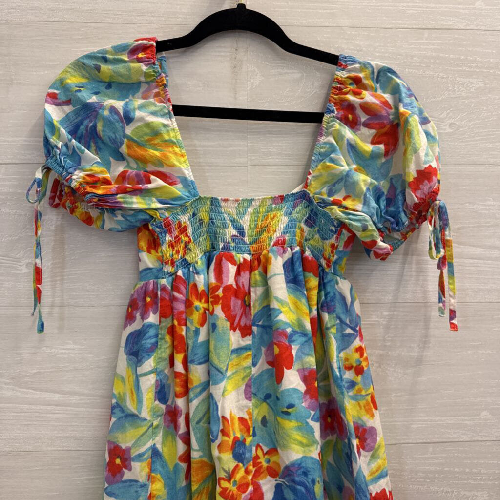 Amanda Uprichard White/ Multi Floral Print Short Puff Sleeve Babydoll Dress Extra Small