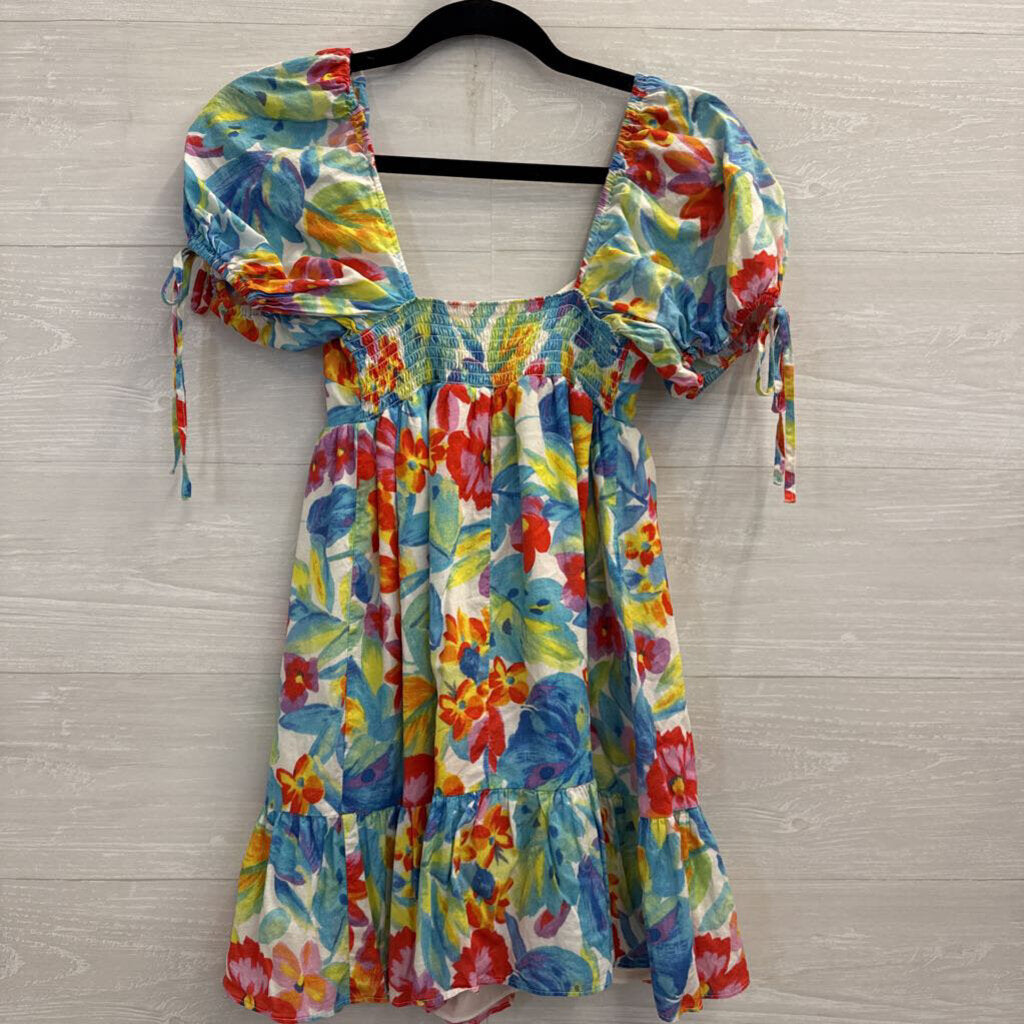 Amanda Uprichard White/ Multi Floral Print Short Puff Sleeve Babydoll Dress Extra Small