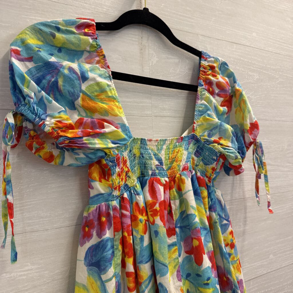 Amanda Uprichard White/ Multi Floral Print Short Puff Sleeve Babydoll Dress Extra Small