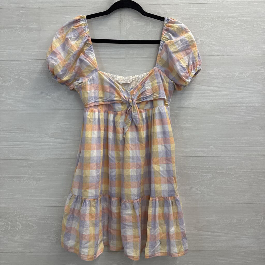 Amanda Uprichard Pastel Checkered Pirnt Short Puff Sleeve Babydoll Dress Extra Small