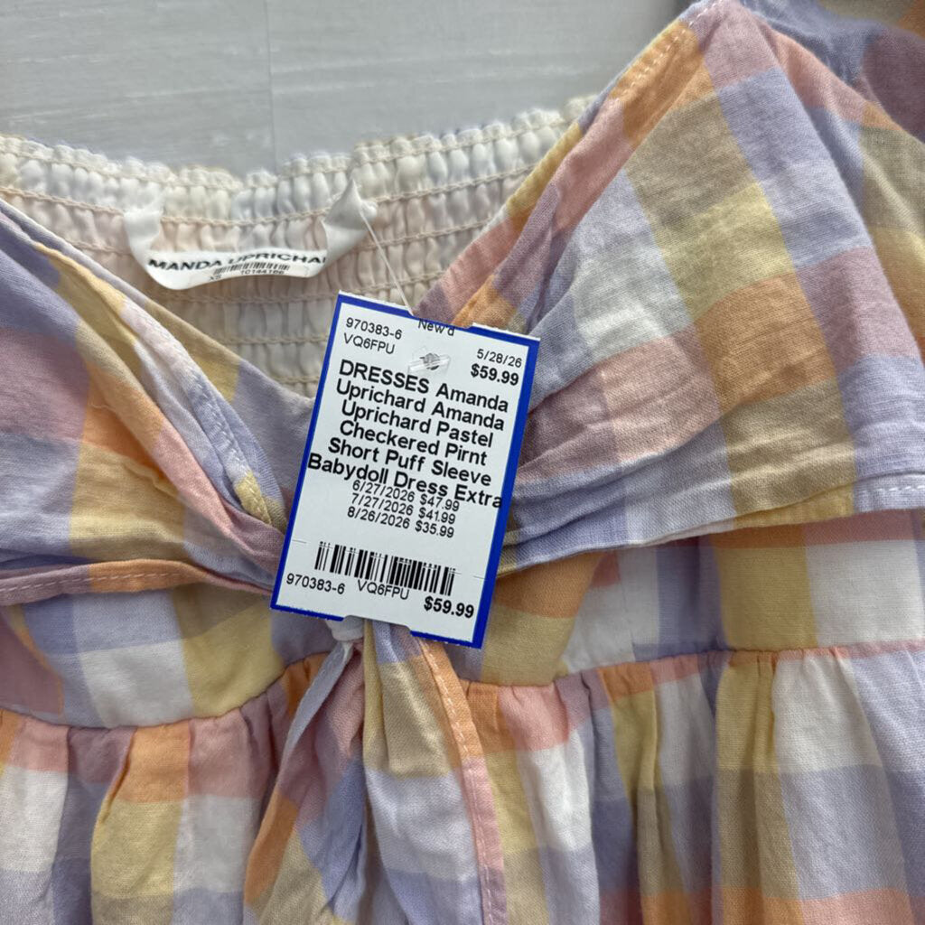 Amanda Uprichard Pastel Checkered Pirnt Short Puff Sleeve Babydoll Dress Extra Small