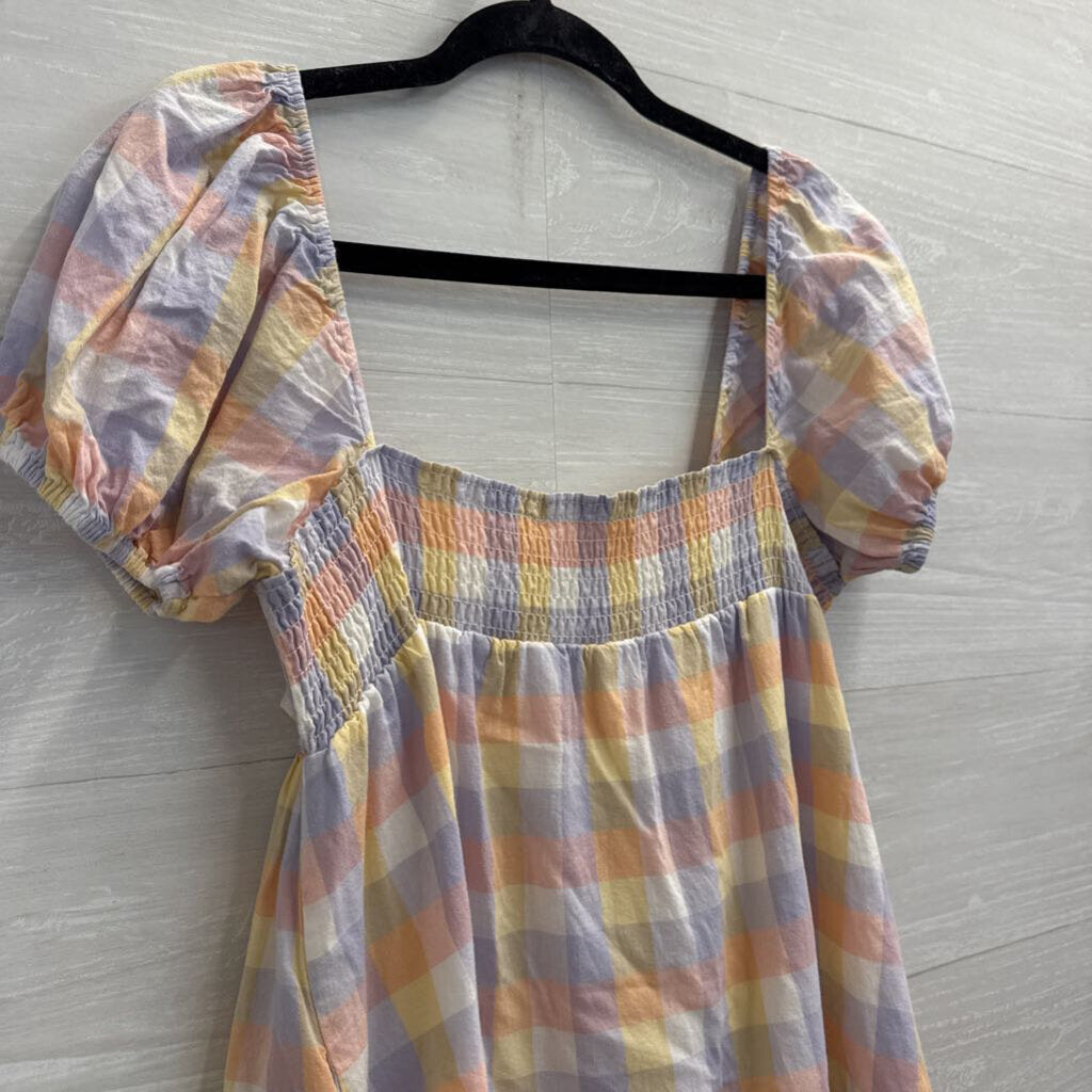 Amanda Uprichard Pastel Checkered Pirnt Short Puff Sleeve Babydoll Dress Extra Small