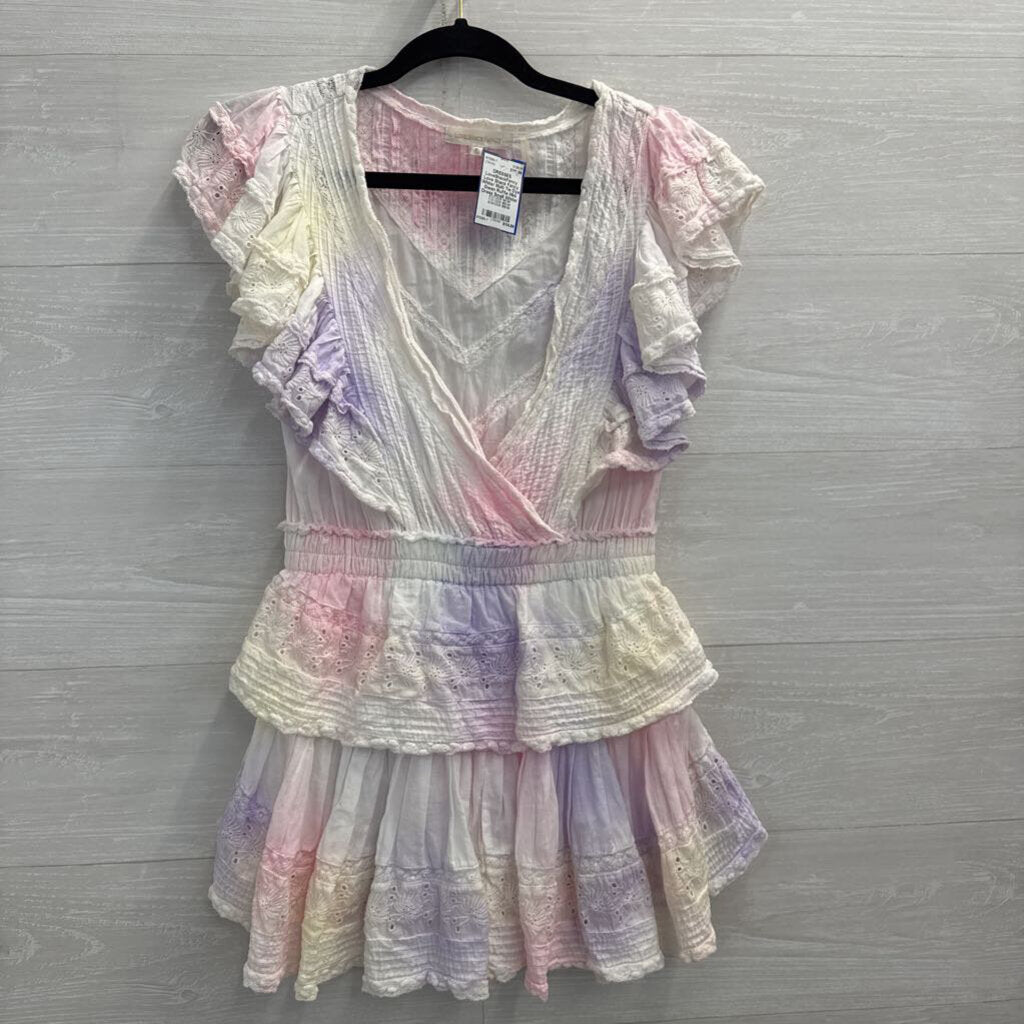 Love Shack Fancy White/ Multi Tie Dye Gwen Ruffle Mini Dress Small