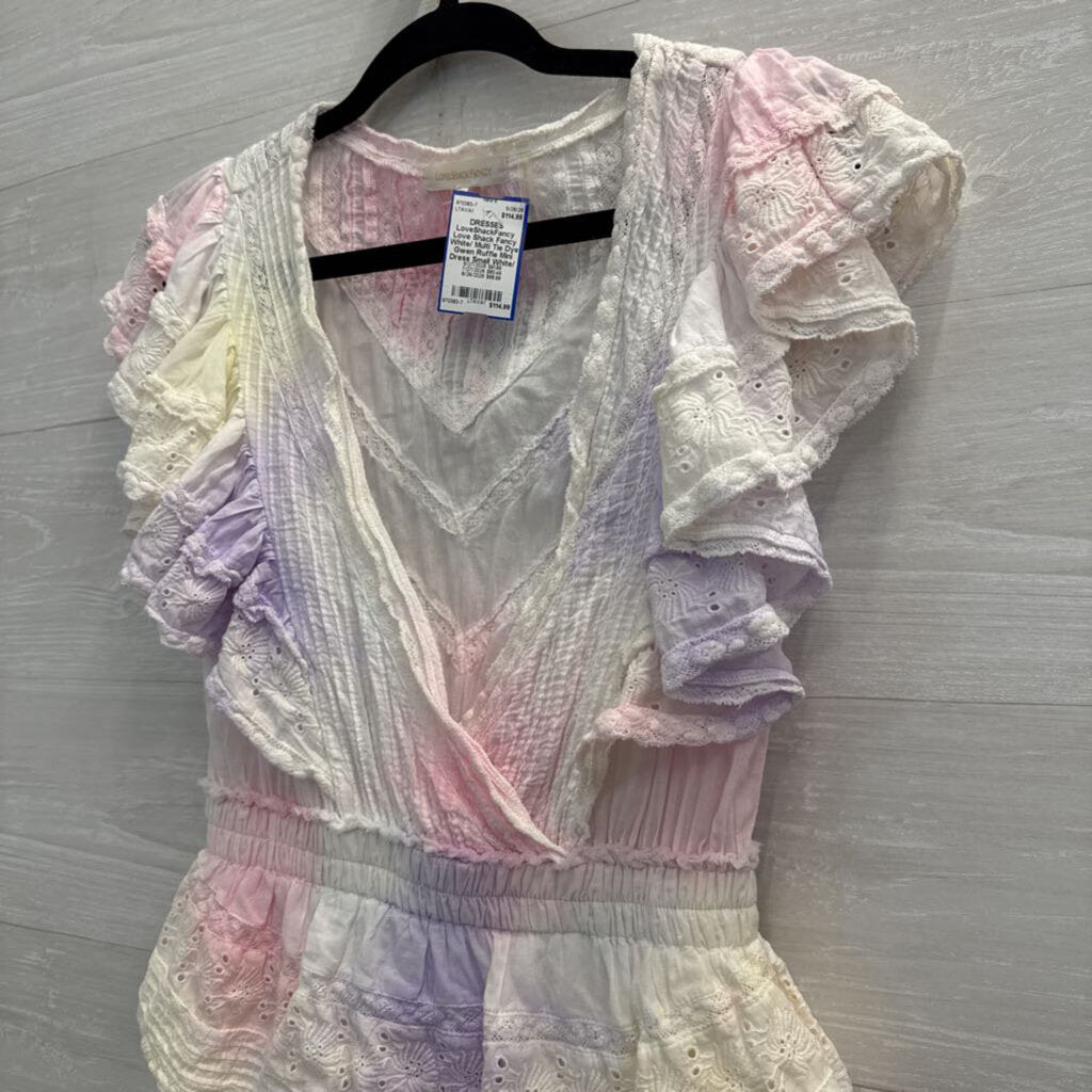 Love Shack Fancy White/ Multi Tie Dye Gwen Ruffle Mini Dress Small