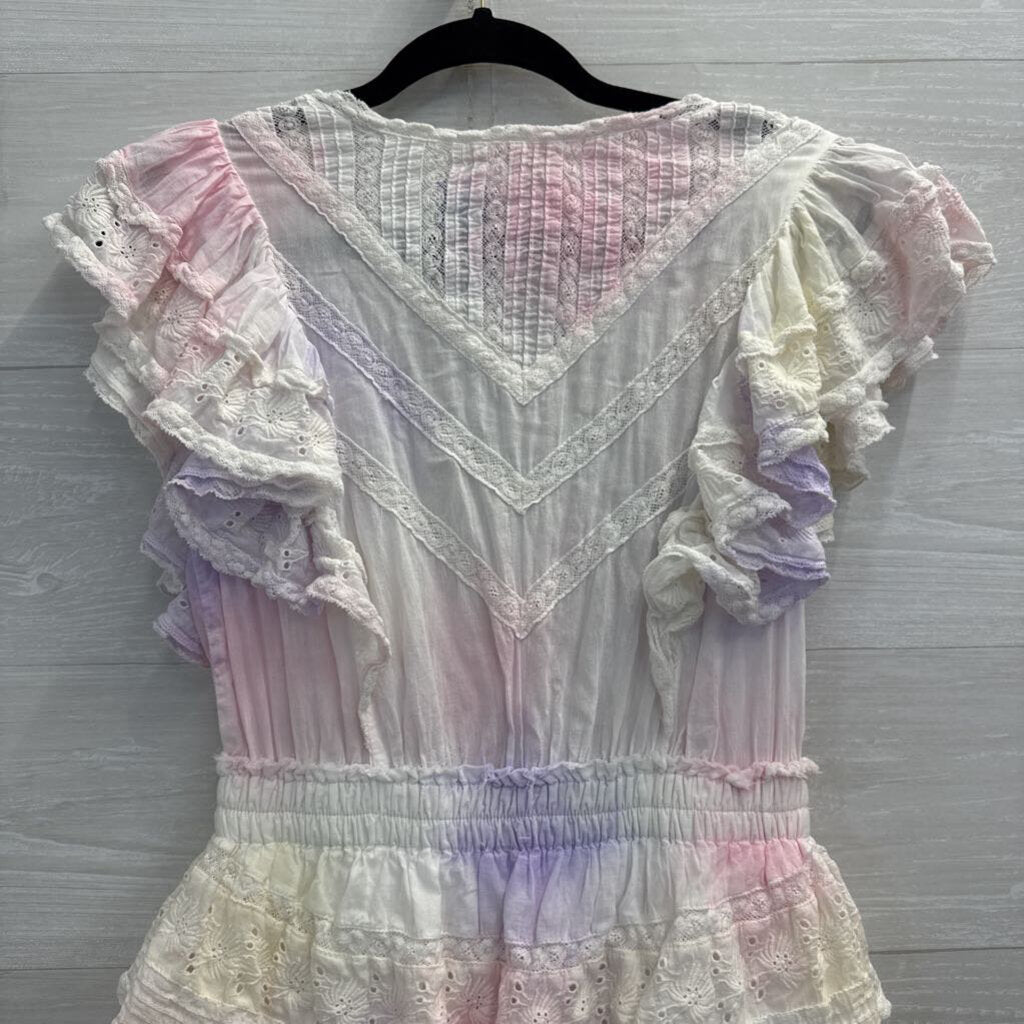 Love Shack Fancy White/ Multi Tie Dye Gwen Ruffle Mini Dress Small