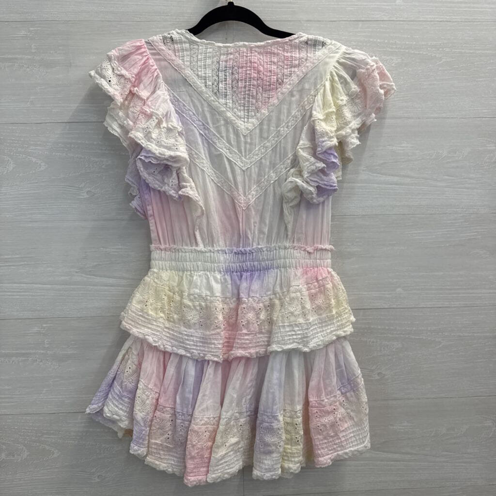 Love Shack Fancy White/ Multi Tie Dye Gwen Ruffle Mini Dress Small