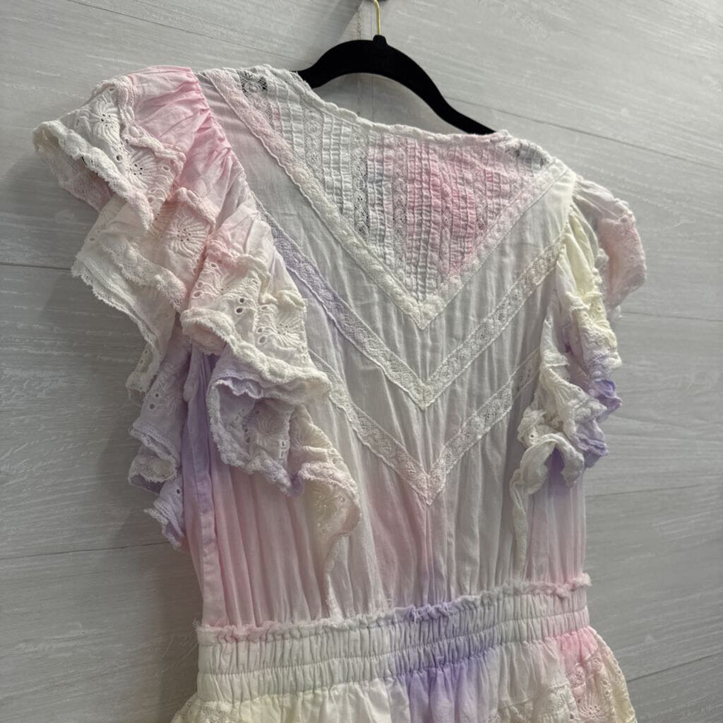 Love Shack Fancy White/ Multi Tie Dye Gwen Ruffle Mini Dress Small