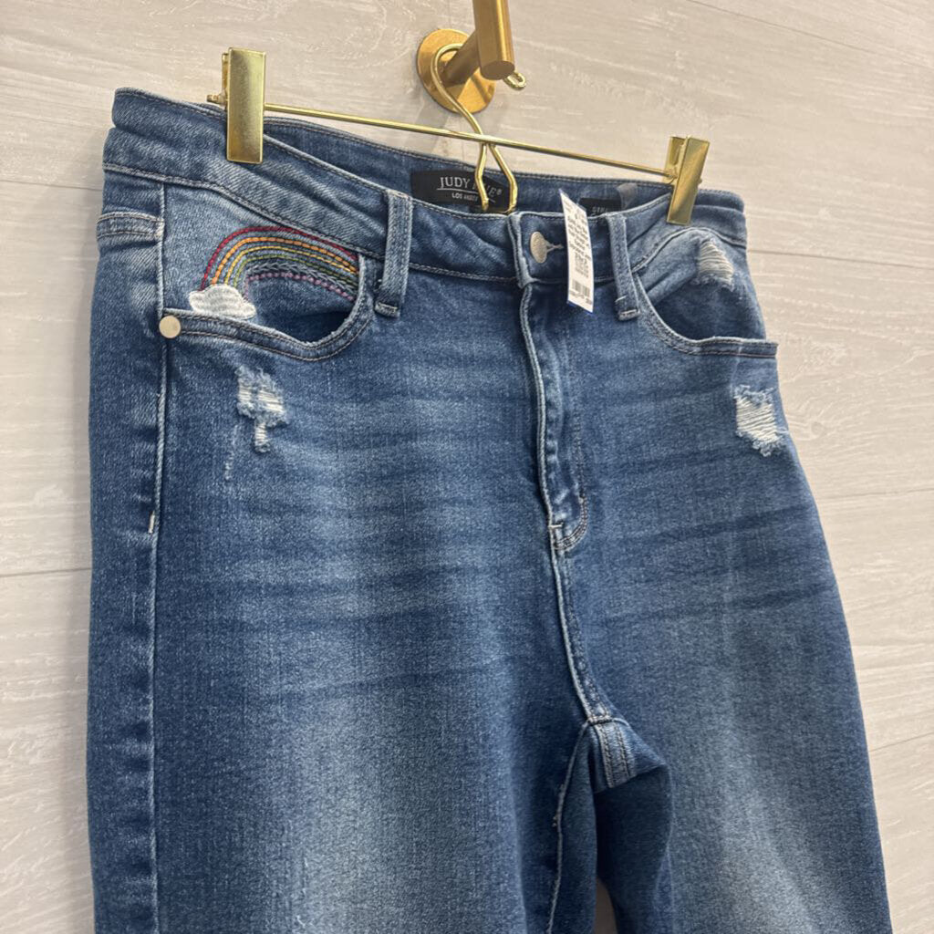 Judy Blue Medium Wash Straight Leg Rainbow Embroidered Jeans 29