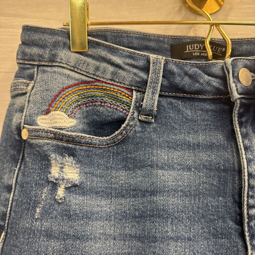 Judy Blue Medium Wash Straight Leg Rainbow Embroidered Jeans 29