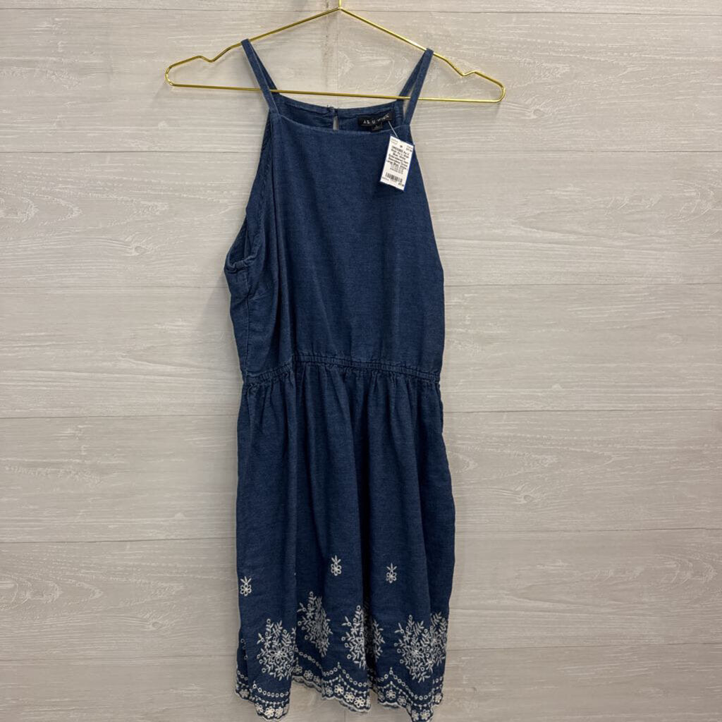 As U Wish Blue/ White Embroidered Hem Sleeveless Dress Large