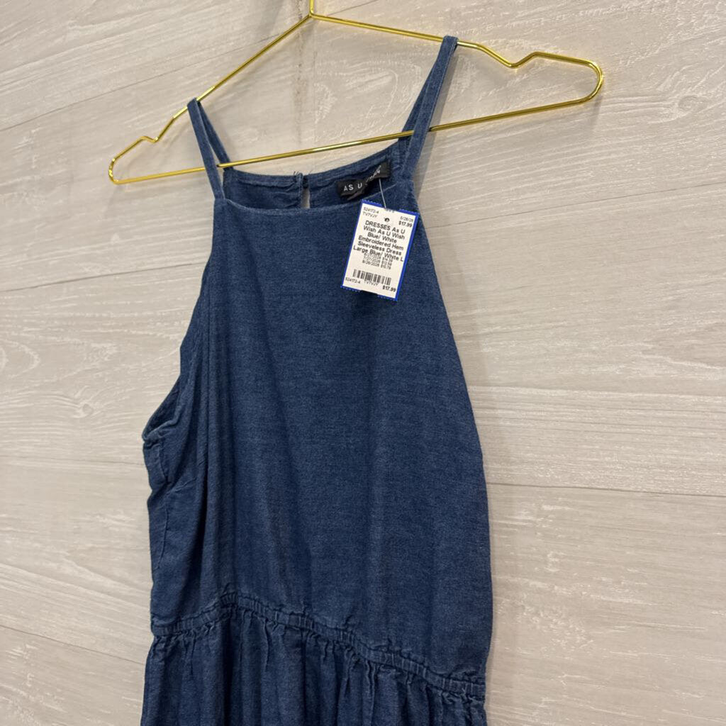 As U Wish Blue/ White Embroidered Hem Sleeveless Dress Large