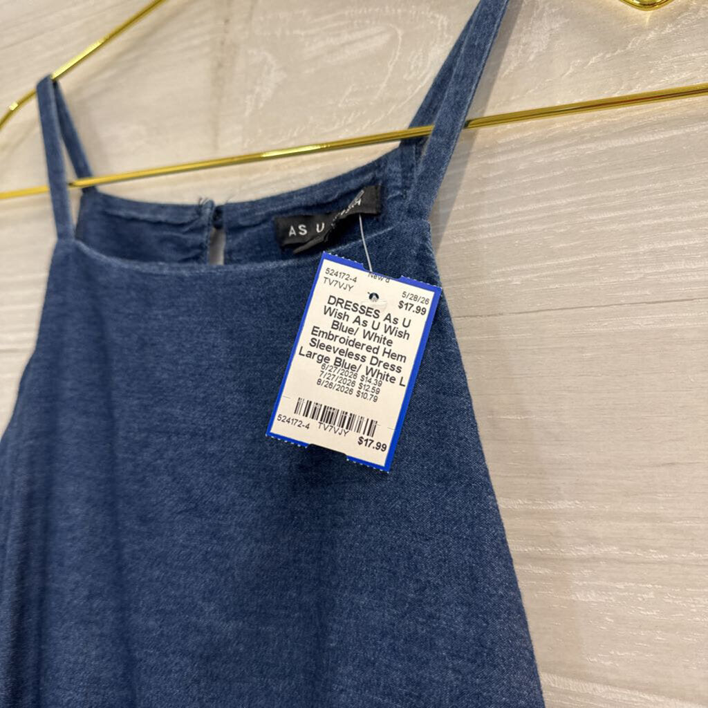 As U Wish Blue/ White Embroidered Hem Sleeveless Dress Large