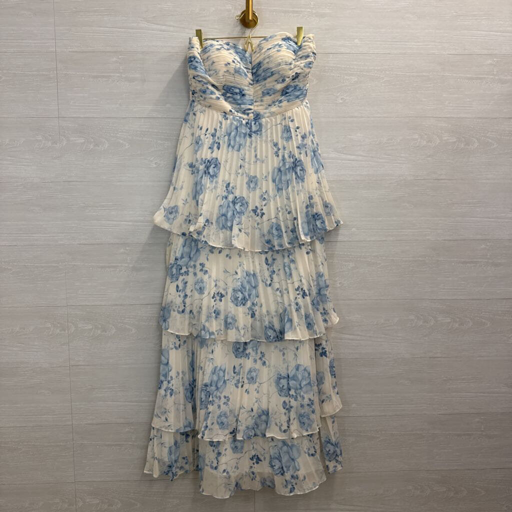 AW Bridal White/ Blue Floral Print Pleated Layered Strapless Maxi Dress 4