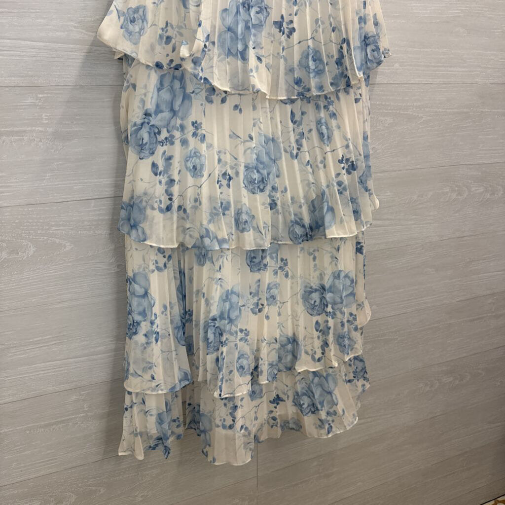 AW Bridal White/ Blue Floral Print Pleated Layered Strapless Maxi Dress 4