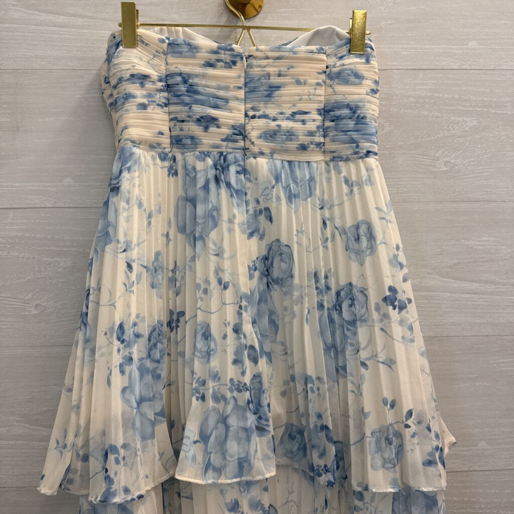 AW Bridal White/ Blue Floral Print Pleated Layered Strapless Maxi Dress 4